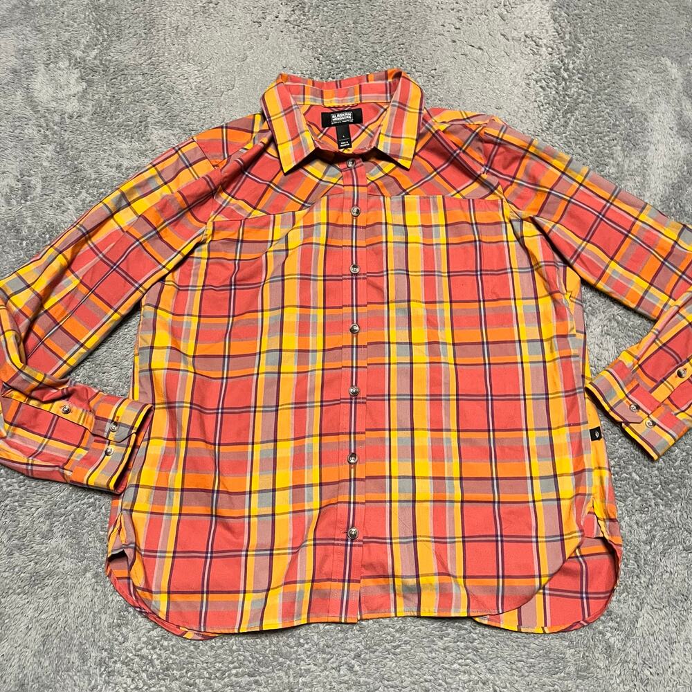 Alaska Hardgear Duluth Trading Shirt Womens Large Midnight Sun Pink Orange Plaid